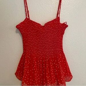 Lush Bright Red White Polka Dot Accordion Pleated Flowy Spaghetti Strap Tank Top